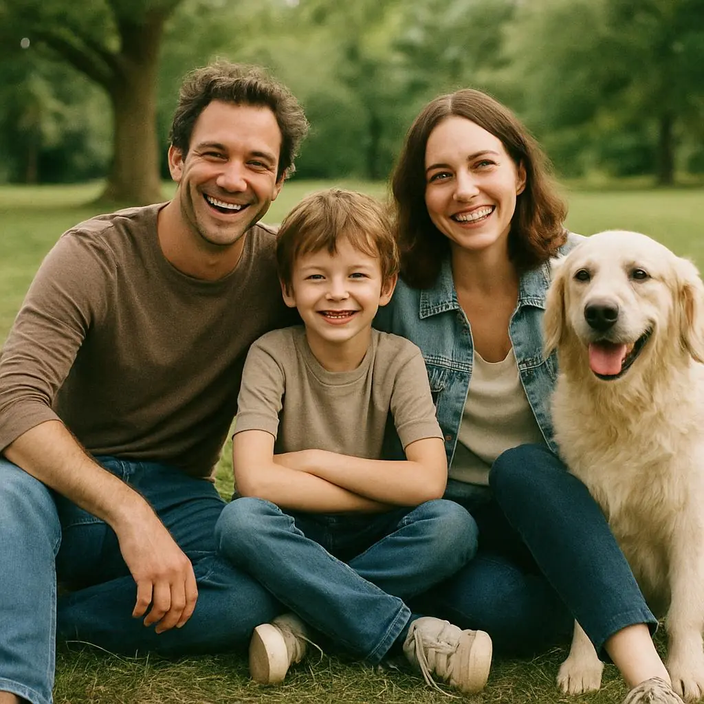 Happy family enjoying time with their golden retriever in the park