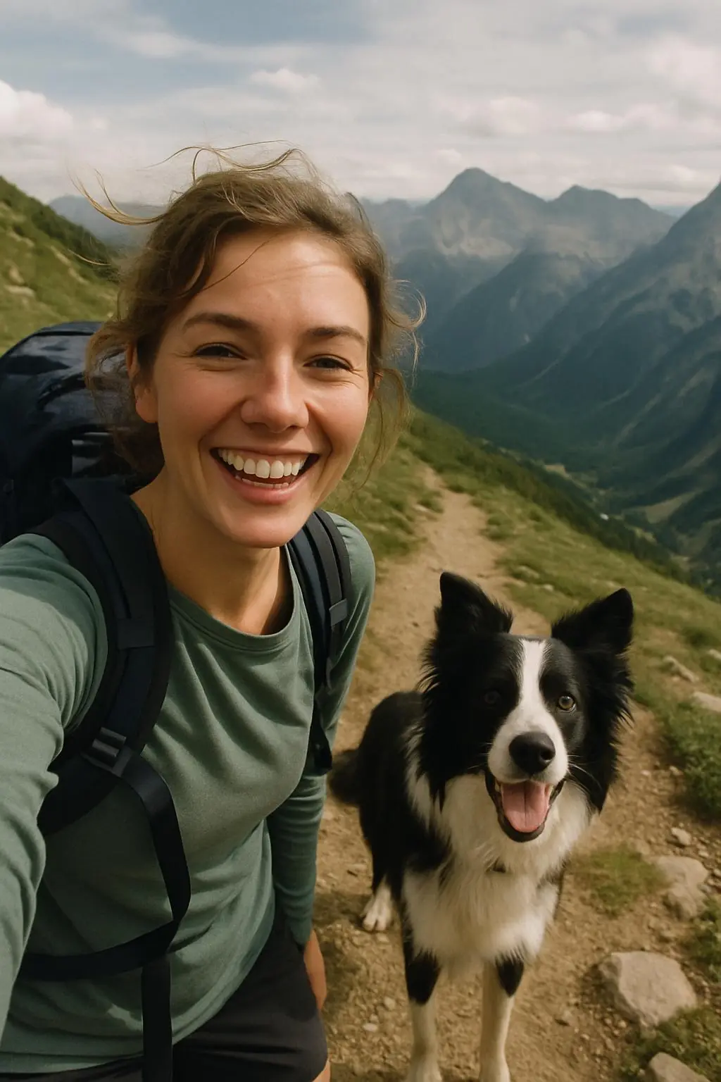 Young woman hiking with her border collie on a mountain trail